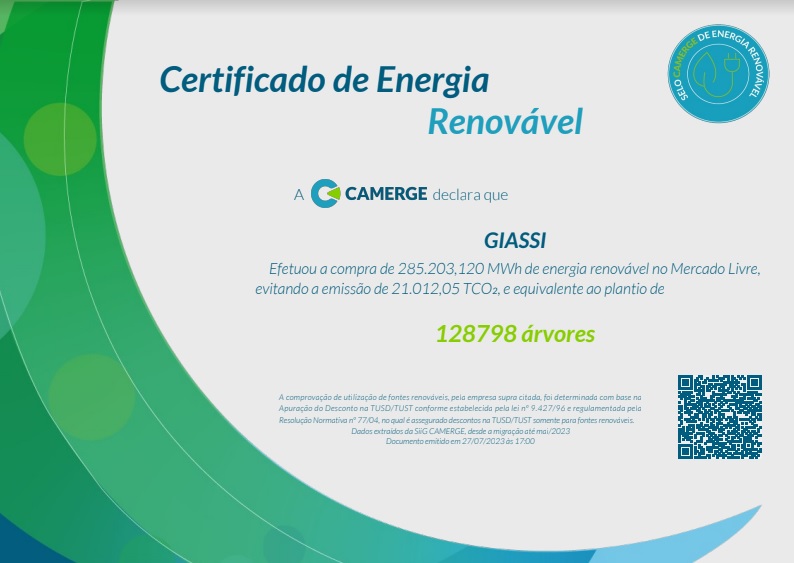 Grupo Giassi recebe certificado de energia renovável